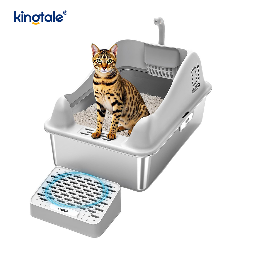 Caixa de areia para gatos em aço inoxidável com pedal para areia de metal com lado alto, nunca