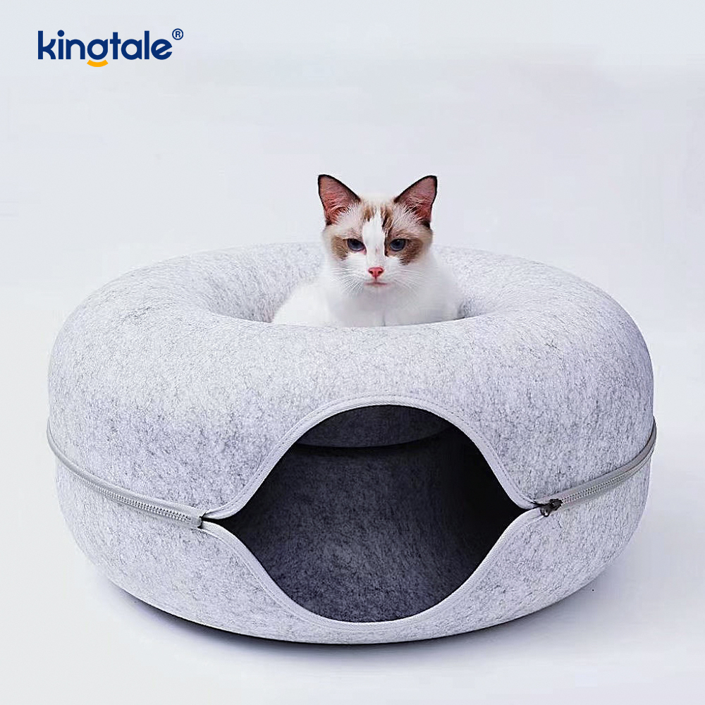 Cama redonda destacável de feltro e interior lavável para brincar em túnel para gatos